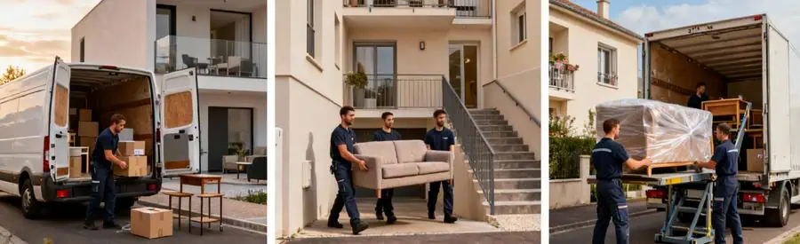 Trois scènes comparant déménagement studio, appartement et maison à Brunoy avec volumes croissants