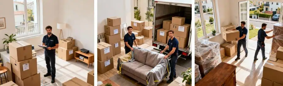 Trois scènes montrant différents volumes de déménagement à Montigny-le-Bretonneux selon taille logement