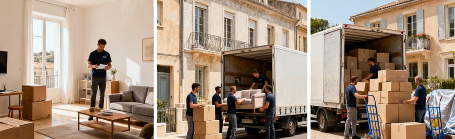 Trois scènes comparant différents volumes de déménagement à Nîmes du studio à la maison familiale