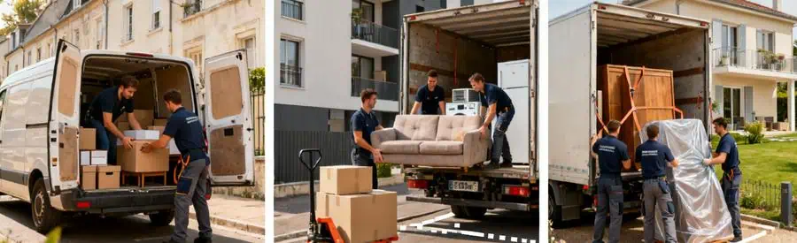 Trois scènes montrant différents volumes de déménagement à Poitiers avec équipes adaptées et véhicules correspondants