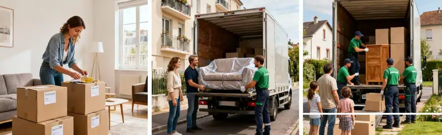 Trois scènes illustrant volumes de déménagement à Reims : studio, appartement F3 et maison familiale avec équipes adaptées