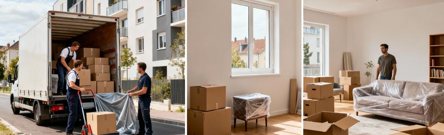 Comparaison visuelle volumes déménagement studio versus T3 à Metz avec déménageurs professionnels en action