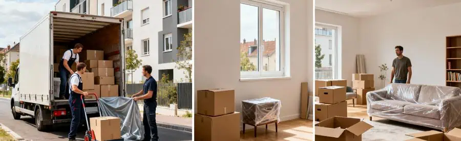 Comparaison visuelle volumes déménagement studio versus T3 à Metz avec déménageurs professionnels en action