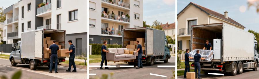Trois scènes illustrant volumes croissants : petit, moyen et grand déménagement à Tours avec équipes professionnelles