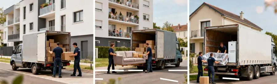 Trois scènes illustrant volumes croissants : petit, moyen et grand déménagement à Tours avec équipes professionnelles