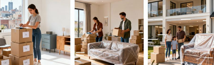 Trois types de logements en préparation de déménagement à Sainte-Geneviève-des-Bois : studio, appartement et maison