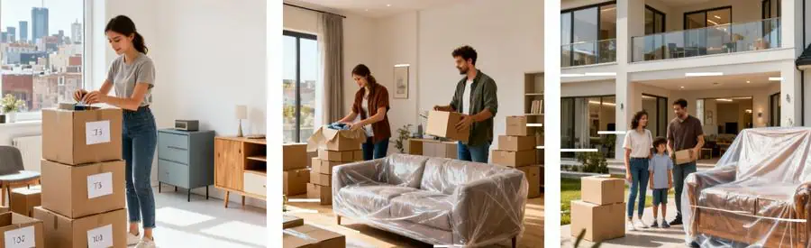 Trois types de logements en préparation de déménagement à Sainte-Geneviève-des-Bois : studio, appartement et maison