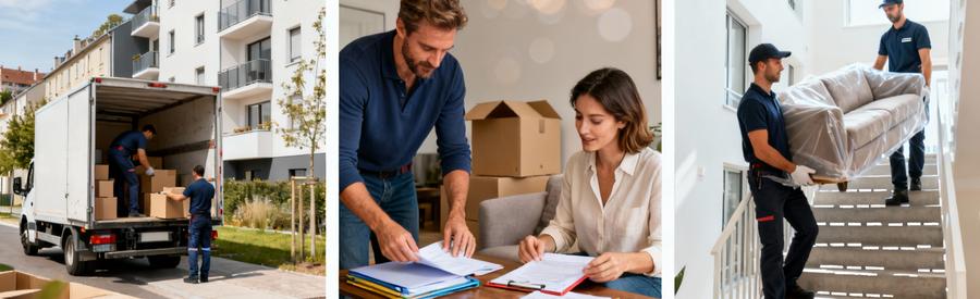 Trois scènes illustrant différents volumes de déménagement à Besançon avec chargement, organisation et transport