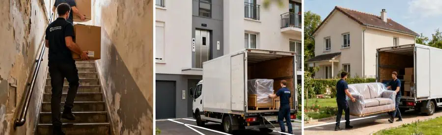 Trois configurations de déménagement à Trappes : immeuble ancien, résidence moderne et pavillon individuel