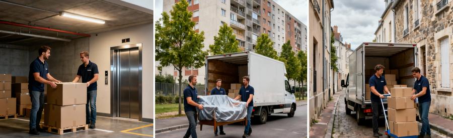 Trois configurations de déménagement à Créteil : parking souterrain, quartier mixte et rue étroite village