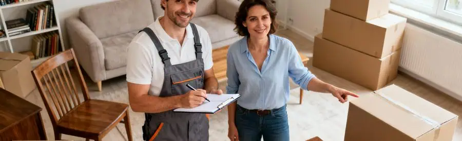 Déménageur et client organisant ensemble l'inventaire du mobilier pour un déménagement à Champs-sur-Marne