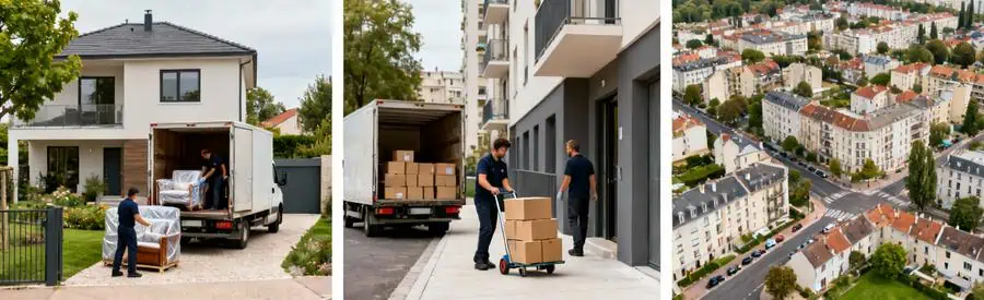 Trois contextes de déménagement à Savigny-sur-Orge : maison pavillonnaire, immeuble collectif et vue quartier