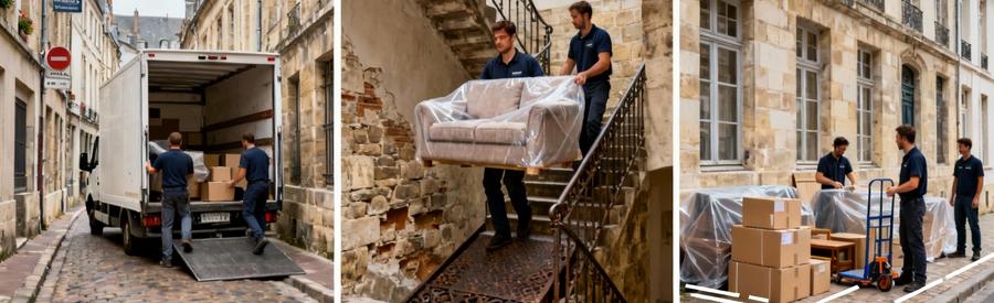 Triptyque illustrant défis déménagement centre Rennes : rues pavées étroites, escaliers sans ascenseur, organisation urbaine