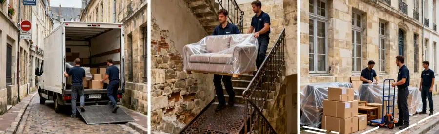Triptyque illustrant défis déménagement centre Rennes : rues pavées étroites, escaliers sans ascenseur, organisation urbaine