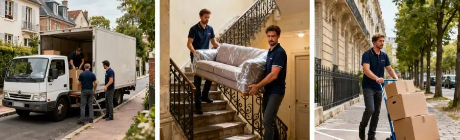 Déménageurs gérant contraintes urbaines : rue étroite, escalier sans ascenseur, trottoir pavé à Saint-Maur
