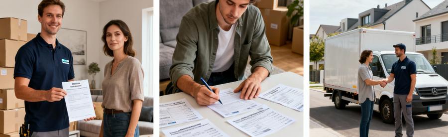 Triptyque montrant les critères de choix d'un déménageur : vérification assurance, comparaison offres, validation