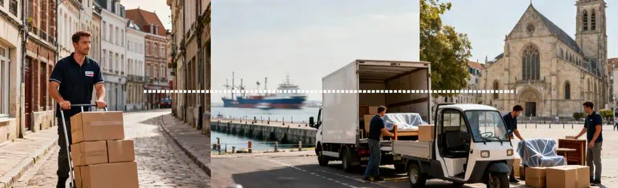 Trois situations de déménagement illustrant les contraintes urbaines et portuaires spécifiques à Calais