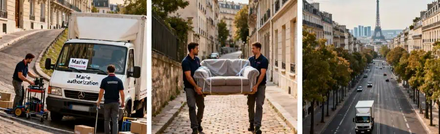 Defis Logistiques Demenagement Urbain Suresnes Trois scènes illustrant contraintes déménagement Suresnes : stationnement autorisé, rues étroites, proximité Paris