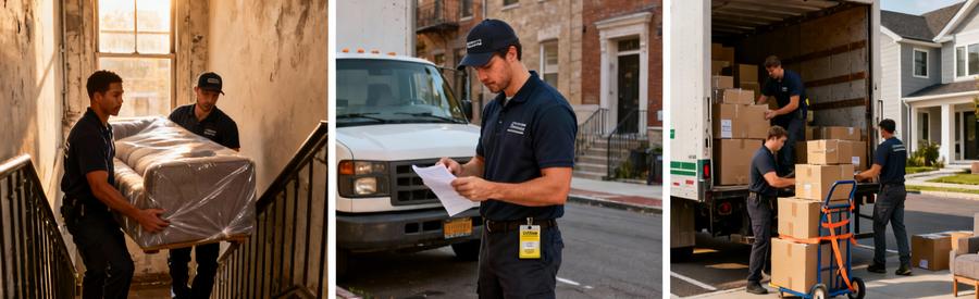 Defis Urbains Demenagement Corbeil Essonnes Triptyque montrant escaliers sans ascenseur, stationnement urbain et chargement professionnel à Corbeil-Essonnes