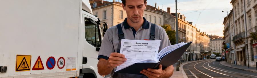 Déménageur consultant documents administratifs devant camion stationné dans rue de Besançon avec tramway