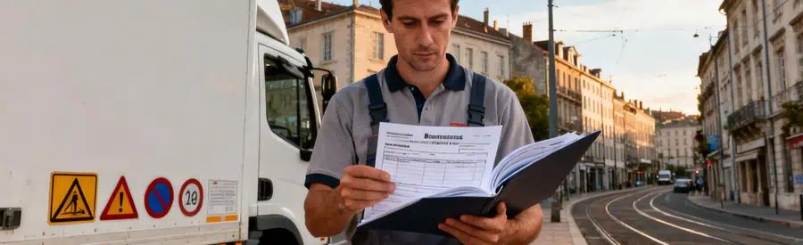 Déménageur consultant documents administratifs devant camion stationné dans rue de Besançon avec tramway