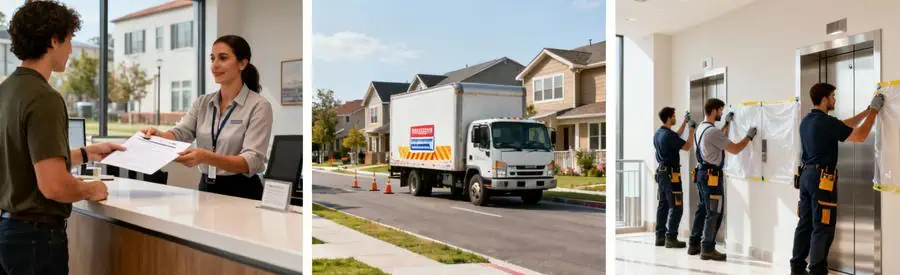 Triptyque montrant les formalités de déménagement : dépôt mairie, stationnement camion et protection parties communes