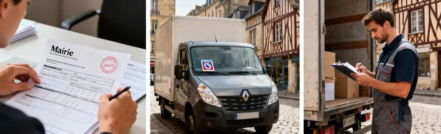 Triptyque illustrant les formalités administratives pour un déménagement à Rennes avec autorisation stationnement