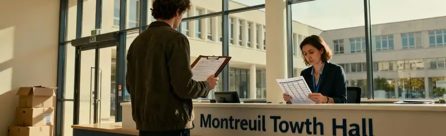 Personne effectuant ses démarches administratives au comptoir de la mairie de Montreuil après son installation