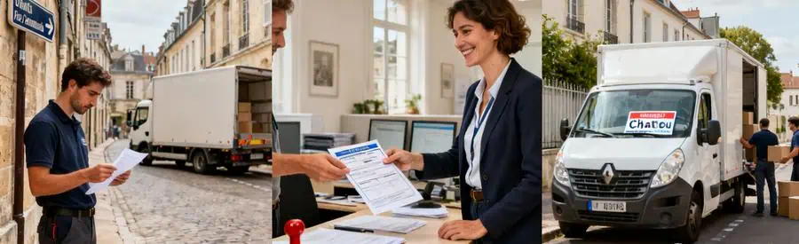 Triptyque illustrant les démarches d'autorisation de stationnement pour déménagement à Chatou dans les Yvelines