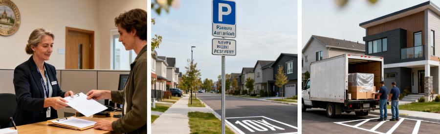 Triptyque démarches administratives : dépôt dossier mairie, panneau autorisation, camion en stationnement légal
