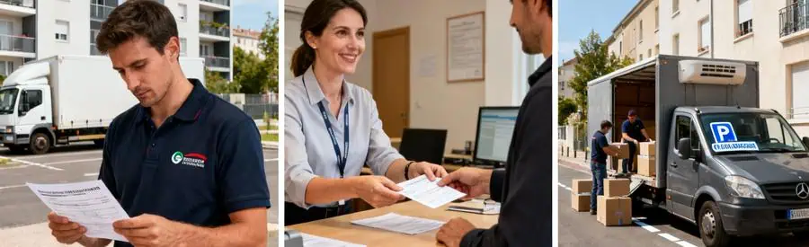 Triptyque illustrant démarches autorisation stationnement pour camion déménagement à Vitry-sur-Seine Val-de-Marne