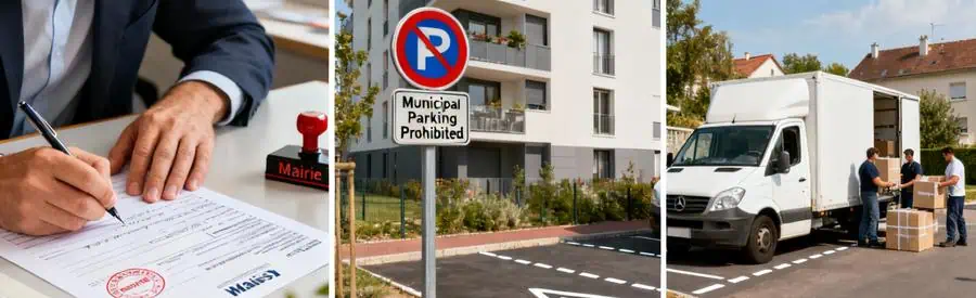 Triptyque illustrant les démarches de stationnement pour un déménagement à Massy : formulaire mairie, panneau et camion