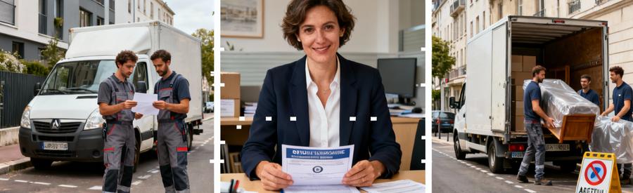 Triptyque montrant démarches administratives et organisation stationnement pour déménagement à Argenteuil