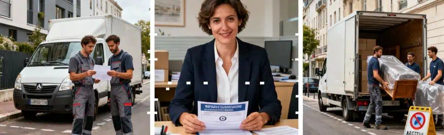 Triptyque montrant démarches administratives et organisation stationnement pour déménagement à Argenteuil