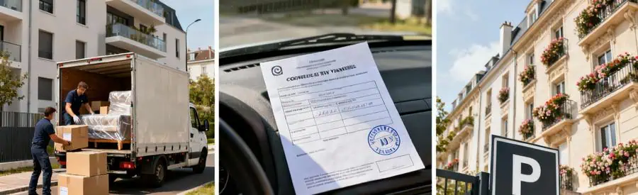 Triptyque montrant chargement camion, autorisation mairie et copropriété au Chesnay-Rocquencourt