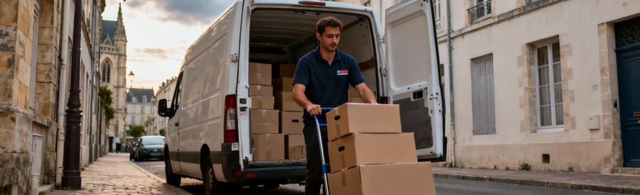 Déménageur chargeant camion dans rue étroite centre historique Caen avec architecture normande typique