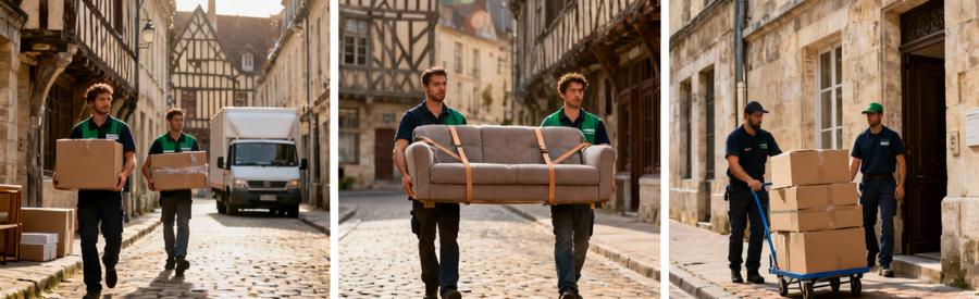Déménageurs transportant mobilier dans ruelles pavées étroites du centre historique de Rouen avec contraintes d'accès