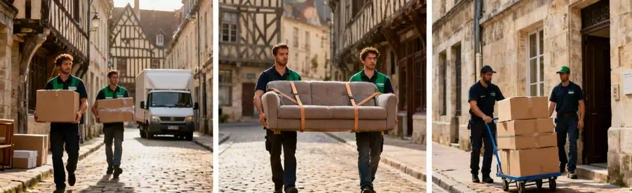 Déménageurs transportant mobilier dans ruelles pavées étroites du centre historique de Rouen avec contraintes d'accès