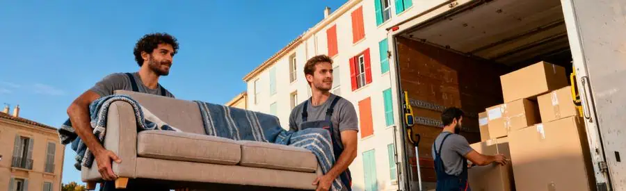 Déménageurs chargeant meubles et cartons dans camion devant immeuble résidentiel à Perpignan
