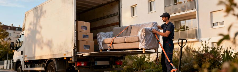 Déménageur chargeant mobilier protégé dans camion devant immeuble résidentiel à Palaiseau