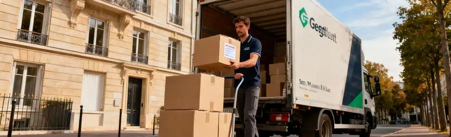 Déménageur chargeant cartons dans camion devant immeuble résidentiel à Saint-Germain-en-Laye