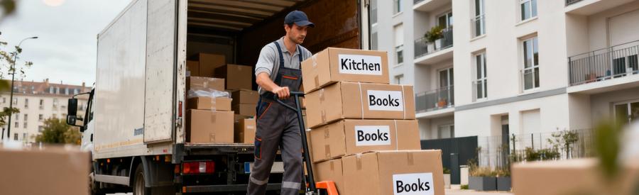 Demenageur Chargement Cartons Camion Reims Déménageur chargeant des cartons préparés dans un camion de déménagement à Reims, formule économique transport