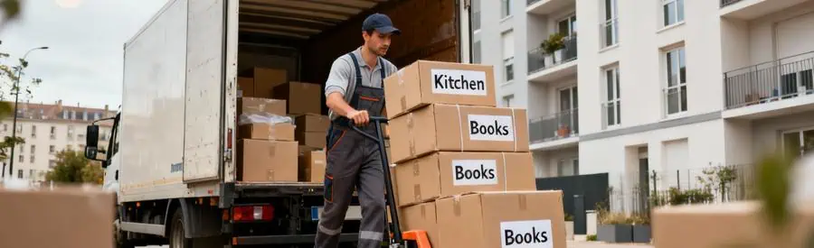 Déménageur chargeant des cartons préparés dans un camion de déménagement à Reims, formule économique transport