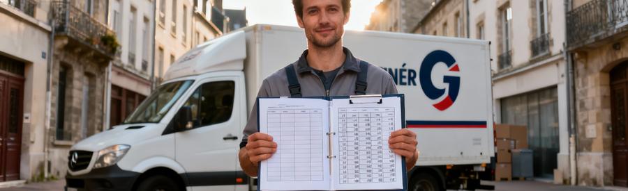 Déménageur consultant grille tarifaire devant camion dans quartier résidentiel rennais