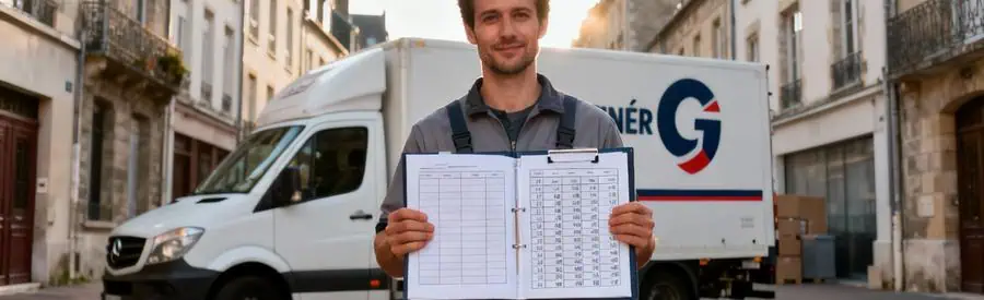 Déménageur consultant grille tarifaire devant camion dans quartier résidentiel rennais