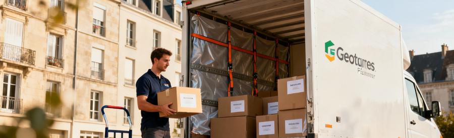 Déménageur chargeant cartons dans camion devant immeuble résidentiel moderne à Poitiers