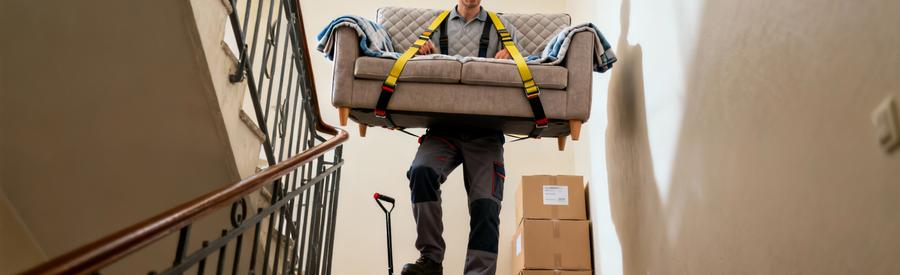 Déménageur professionnel transportant canapé protégé dans escalier avec matériel adapté à Calais