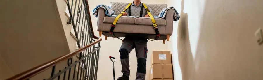 Déménageur professionnel transportant canapé protégé dans escalier avec matériel adapté à Calais