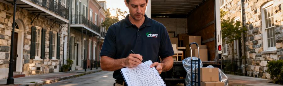 Déménageur vérifiant inventaire mobilier devant camion dans rue résidentielle quartier historique Orléans
