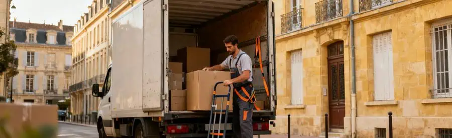 Déménageur chargeant un camion devant immeuble typique de Nancy, expertise locale du territoire lorrain